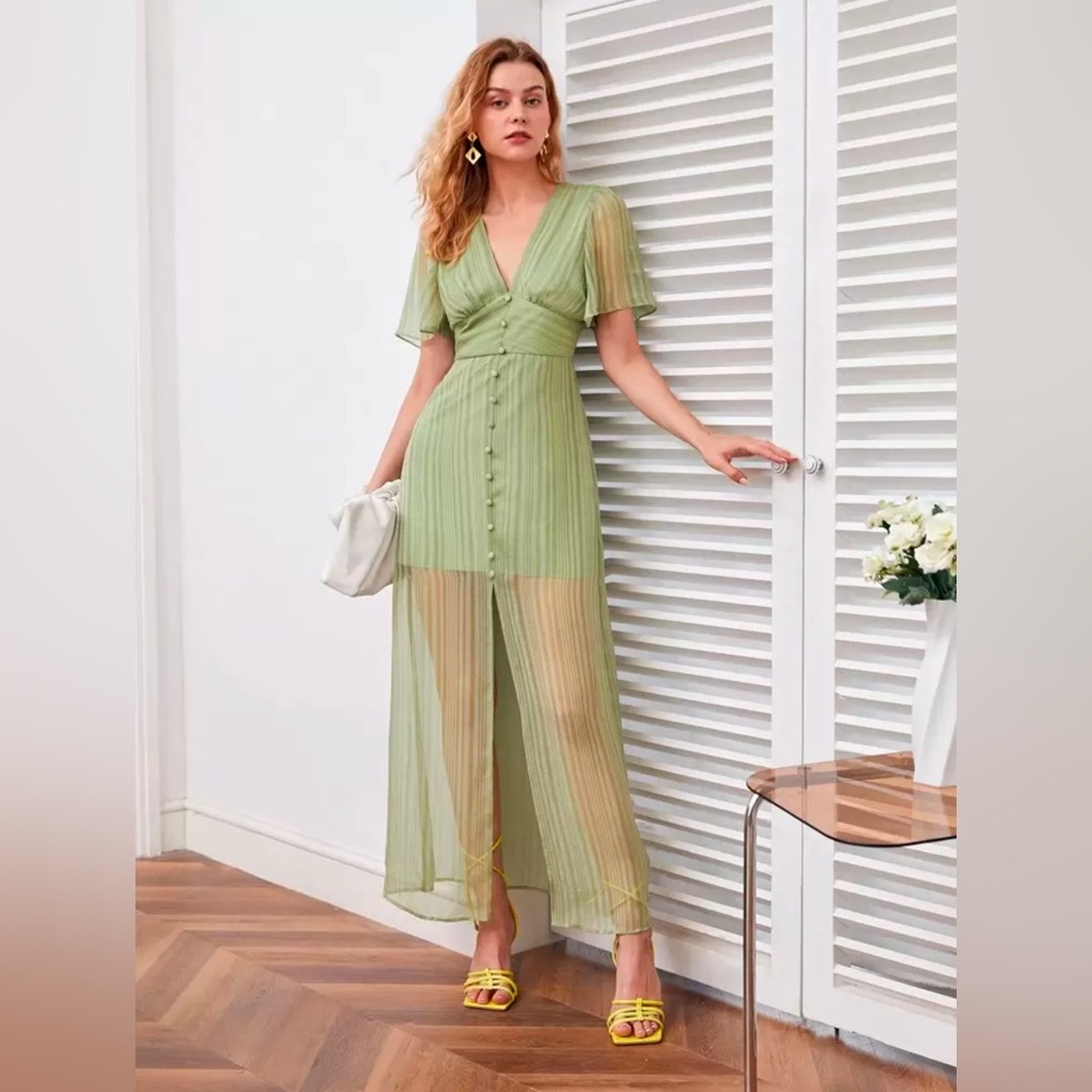 SHEIN Elegant Sheer Olive Dress